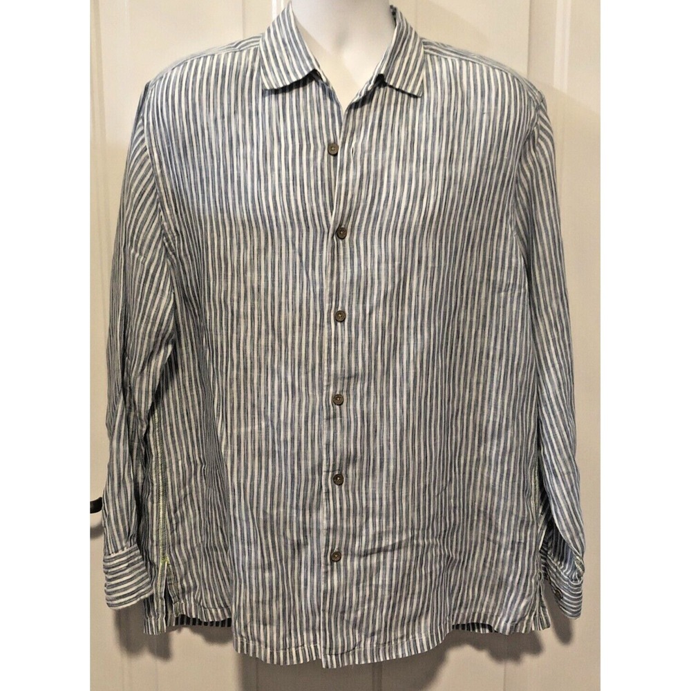 Tommy Bahama Shirt Men's Large Blue Stripe Button Up 100% Linen Casual Summer